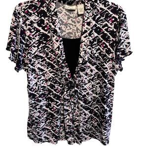 Kim Rogers Black White Pink Short Sleeve Bouse Shirt Lined Bead Detail Sz L